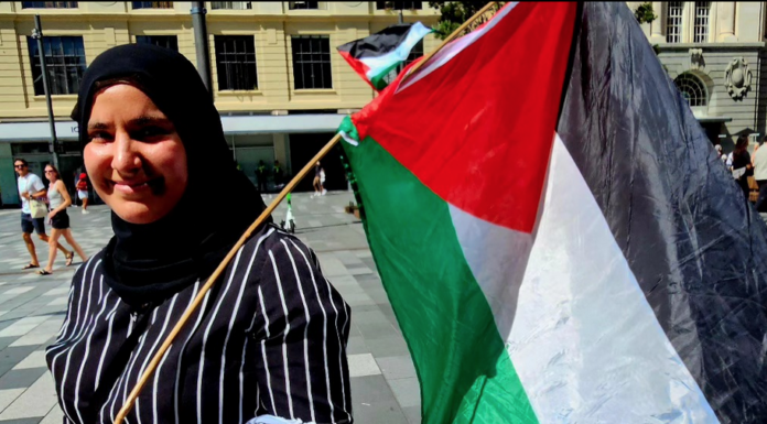 Besma at the "Free Palestine" rally in Auckland Tāmaki Makaurau