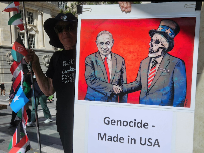 "Genocide - Made in USA" poster at today's Palestinian solidarity rally