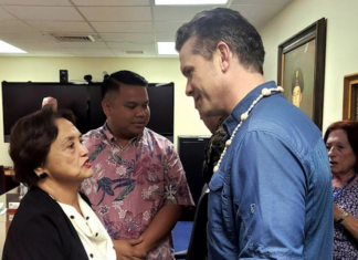 Guam Governor Lou Leon Guerrero (left) exchanges greetings with US Secretary of Defence Pete Hegseth