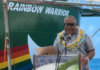 Rongelap MP Hilton Kendall speaking at the welcoming ceremony for the Rainbow Warrior in Majuro