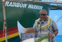 Rongelap MP Hilton Kendall speaking at the welcoming ceremony for the Rainbow Warrior in Majuro