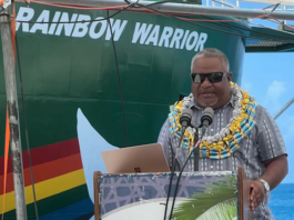 Rongelap MP Hilton Kendall speaking at the welcoming ceremony for the Rainbow Warrior in Majuro