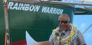 Rongelap MP Hilton Kendall speaking at the welcoming ceremony for the Rainbow Warrior in Majuro