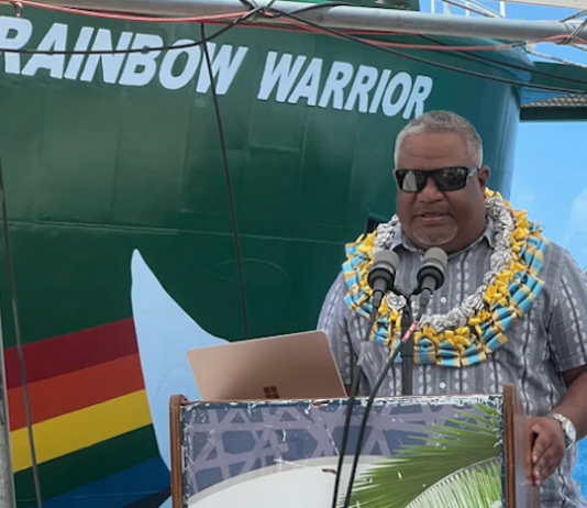 Rongelap MP Hilton Kendall speaking at the welcoming ceremony for the Rainbow Warrior in Majuro