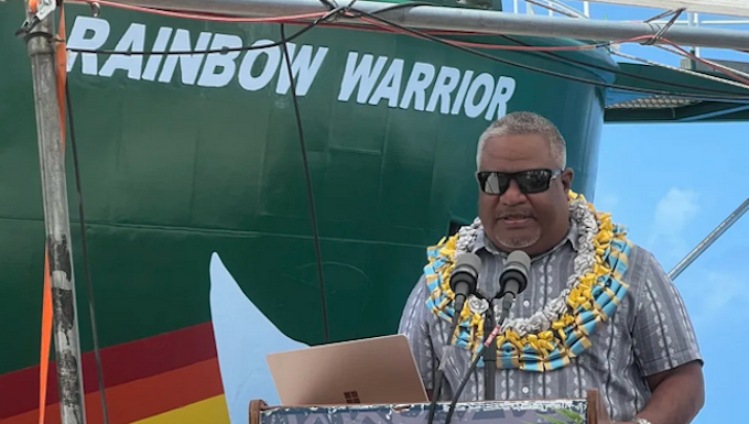 Rongelap MP Hilton Kendall speaking at the welcoming ceremony for the Rainbow Warrior in Majuro