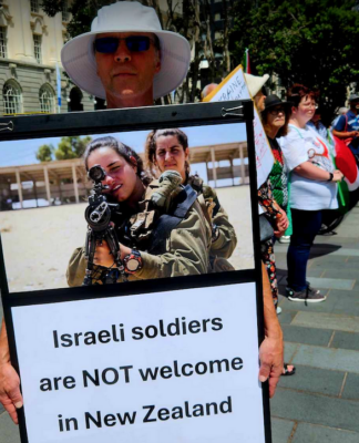 Palestine asks ICJ for advisory opinion on illegal occupier Israel’s obligations An Israeli soldiers "not welcome" placard at the Palestine solidarity rally and march in the heart of New Zealand's largest city Auckland today