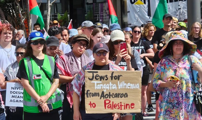 "Jews for tangata whenua from Aotearoa to Palestine" . . . a decolonisation placard at a Palestine solidarity rally in Auckland