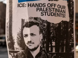 A poster taped to a lamppost protesting against the arrest of pro-Palestinian activist and Columbia University graduate student Mahmoud Khalil