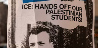 A poster taped to a lamppost protesting against the arrest of pro-Palestinian activist and Columbia University graduate student Mahmoud Khalil