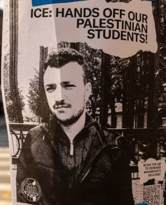 A poster taped to a lamppost protesting against the arrest of pro-Palestinian activist and Columbia University graduate student Mahmoud Khalil