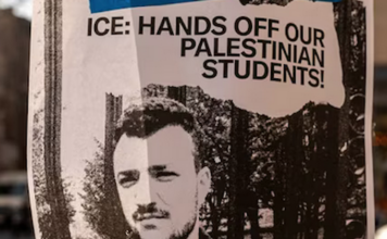 A poster taped to a lamppost protesting against the arrest of pro-Palestinian activist and Columbia University graduate student Mahmoud Khalil