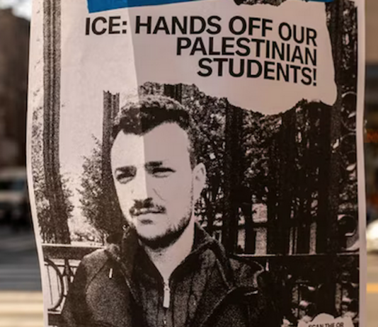 A poster taped to a lamppost protesting against the arrest of pro-Palestinian activist and Columbia University graduate student Mahmoud Khalil