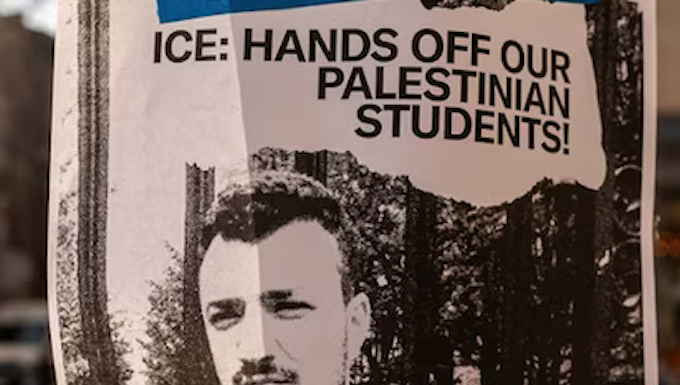 A poster taped to a lamppost protesting against the arrest of pro-Palestinian activist and Columbia University graduate student Mahmoud Khalil