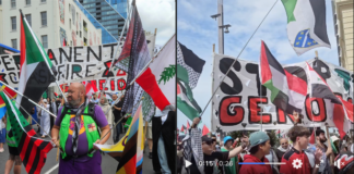 Protesters in Auckland call for a permanent end to the war on Palestinians in Gaza and the West Bank and for justice