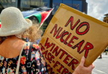 A "No Nuclear Winter" placard at a pro-Palestine rally in Auckland at the weekend