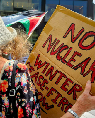 A "No Nuclear Winter" placard at a pro-Palestine rally in Auckland at the weekend
