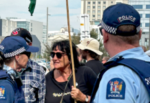 Face to face . . . a pro-Palestinian and human rights protester up close with police at the Christchurch Town Hall