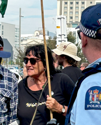 Face to face . . . a pro-Palestinian and human rights protester up close with police at the Christchurch Town Hall