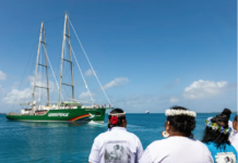 The Greenpeace flagship Rainbow Warrior arrives in the Marshall Islands