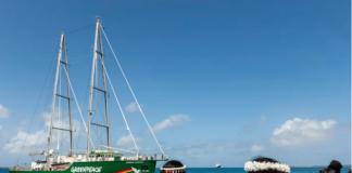 The Greenpeace flagship Rainbow Warrior arrives in the Marshall Islands