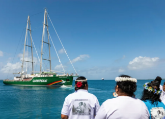 The Greenpeace flagship Rainbow Warrior arrives in the Marshall Islands