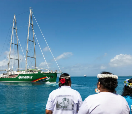 The Greenpeace flagship Rainbow Warrior arrives in the Marshall Islands