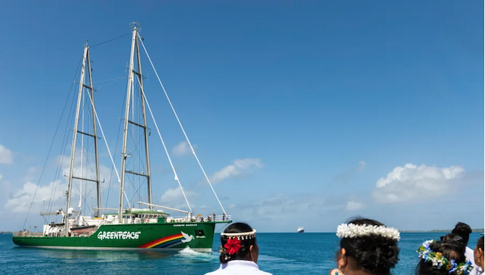 The Greenpeace flagship Rainbow Warrior arrives in the Marshall Islands