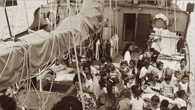 Nuclear free Pacific – back to the future, Earthwise talks to David Robie Rongelap Islanders on board the Greenpeace flagship Rainbow Warrior travelling to their new home on Mejatto Island in 1985