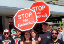 Some of the 1000 protesters who took part in a demonstration in the heart of New Zeland's largest city Auckland today