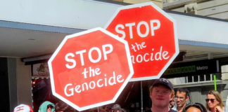 Some of the 1000 protesters who took part in a demonstration in the heart of New Zeland's largest city Auckland today