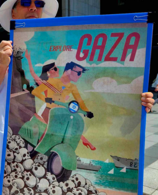 A New Zealand protester holds a poster for the "Trump Gaza" ethnic cleansing plan for a tourism development