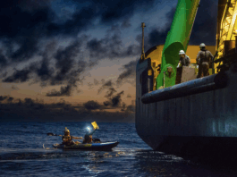 Greenpeace activists from around the world have paddled and protested around MV Coco, a specialised offshore drilling vessel