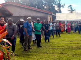 Union Calédonienne president Emmanuel Tjibaou (blue Pacific shirt) and other participants at the pro-independence FLNKS convention
