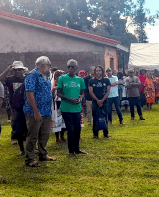 Union Calédonienne president Emmanuel Tjibaou (blue Pacific shirt) and other participants at the pro-independence FLNKS convention