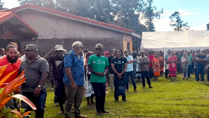 Union Calédonienne president Emmanuel Tjibaou (blue Pacific shirt) and other participants at the pro-independence FLNKS convention