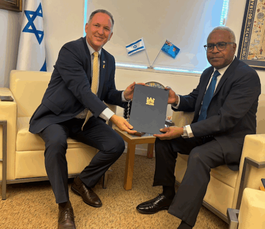 A meeting between Fiji’s Ambassador-designate to Israel Filipo Tarakinikini (right) with Israel's Chief of Protocol Gil Haskel as he presents a copy of his credentials yesterday