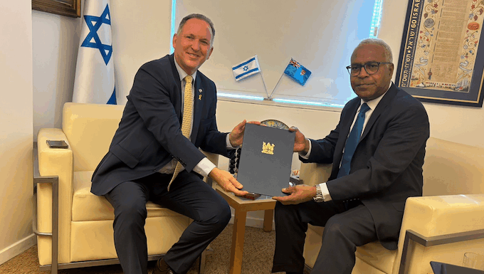 A meeting between Fiji’s Ambassador-designate to Israel Filipo Tarakinikini (right) with Israel's Chief of Protocol Gil Haskel as he presents a copy of his credentials yesterday