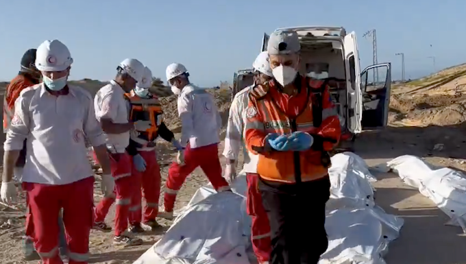 The graver Israel’s atrocities in Gaza, the quieter the BBC grows Red Crescent rescue workers recover bodies of the 15 Palestinian ambulance and first responder crews killed by Israeli forces