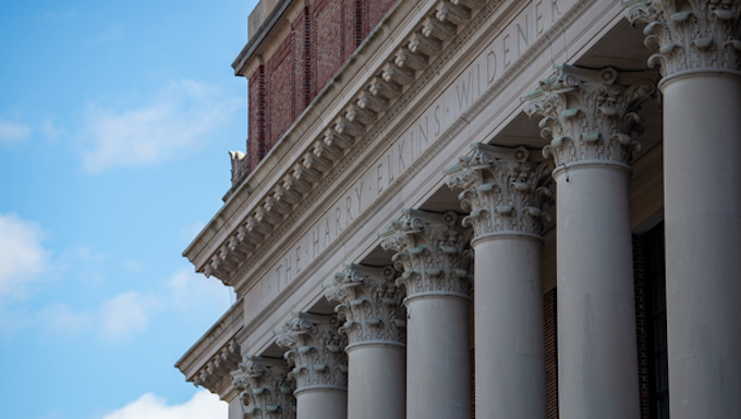 The colonnaded Widener Library looks out over Tercentenary Theatre at the heart of Harvard’s campus.