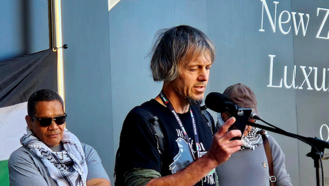 Speaker Jason Brooke at the NZ Palestine rally