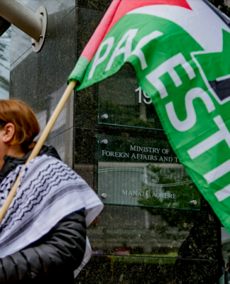 Pro-Palestinian protesters picket New Zealand's Ministry of Foreign Affairs and Trade (MFAT)