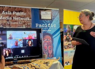 Dark Times Academy's Mandy Henk speaking at the Asia Pacific Media Network event