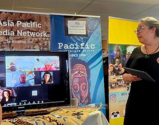 Dark Times Academy's Mandy Henk speaking at the Asia Pacific Media Network event