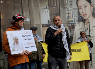 Speakers paying homage to Pope Francis at the "guerrilla theatre for Palestine" rally in Tāmaki Makaurau Auckland