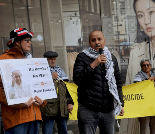 Speakers paying homage to Pope Francis at the "guerrilla theatre for Palestine" rally in Tāmaki Makaurau Auckland