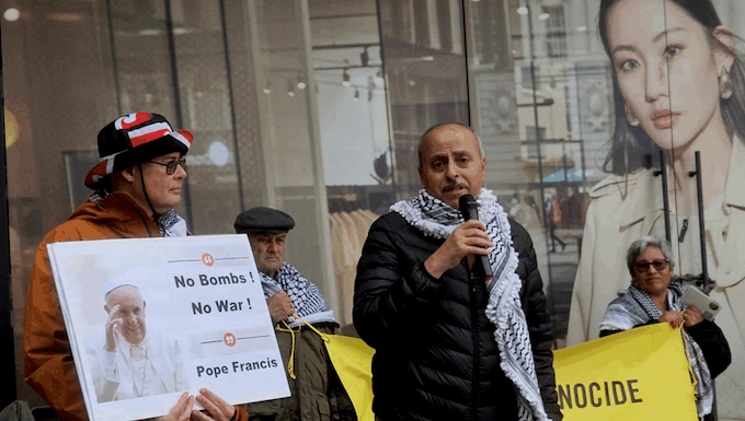 Speakers paying homage to Pope Francis at the "guerrilla theatre for Palestine" rally in Tāmaki Makaurau Auckland