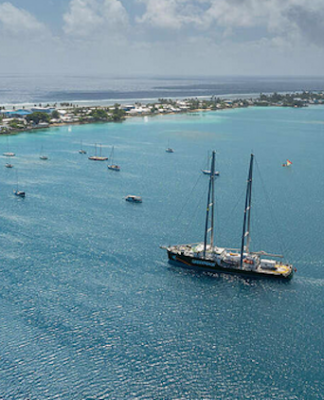 The Rainbow Warrior ship entering port in Majuro, Marshall Islands