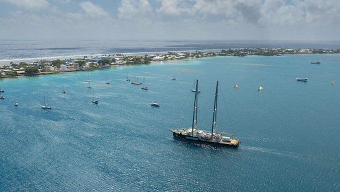 The Rainbow Warrior ship entering port in Majuro, Marshall Islands