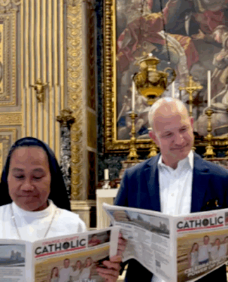 Samoan nun tells of ‘like a blur’ awesome meeting with Pope Francis Sister Susana Vaifale and parishioner Michael Muller at St Peter's Basilica