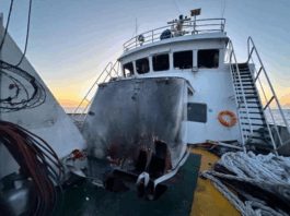 Some of the fire damage in the foredeck of the MV Conscience after the drone attack
